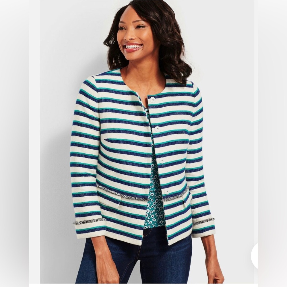 Talbots Stripe Tweed Fringe Jacket Career Blazer Nautical Dressy Size 12